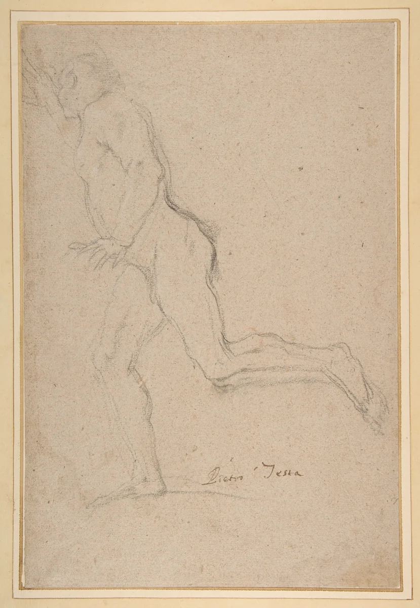 Nude Youth Running (recto); Standing Draped Old Man with Left Hand Upraised (verso) by Pietro Testa, drawing, 1612-1650