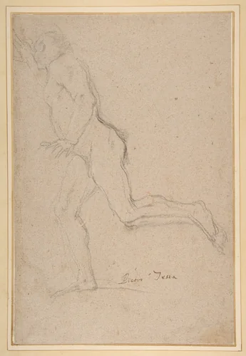 Nude Youth Running (recto); Standing Draped Old Man with Left Hand Upraised (verso) by Pietro Testa, drawing, 1612-1650