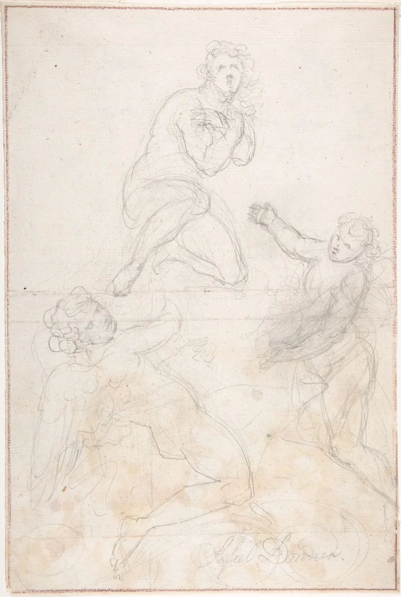 Kneeling Female Nude and Two Studies of Angels by Georg Raphael Donner, drawing, 1710-1741