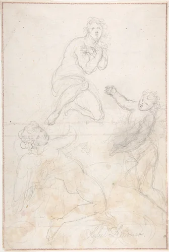 Kneeling Female Nude and Two Studies of Angels by Georg Raphael Donner, drawing, 1710-1741
