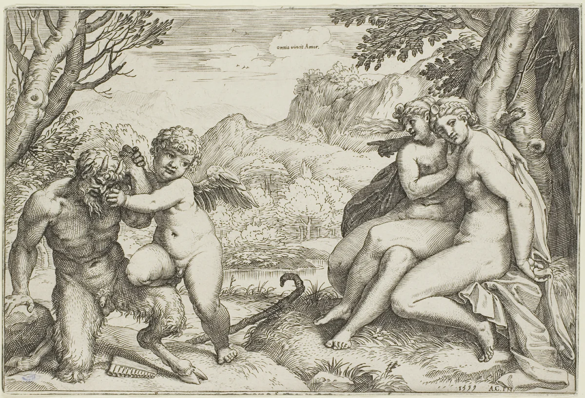 Love Conquers All by Agostino Carracci, print, 1599