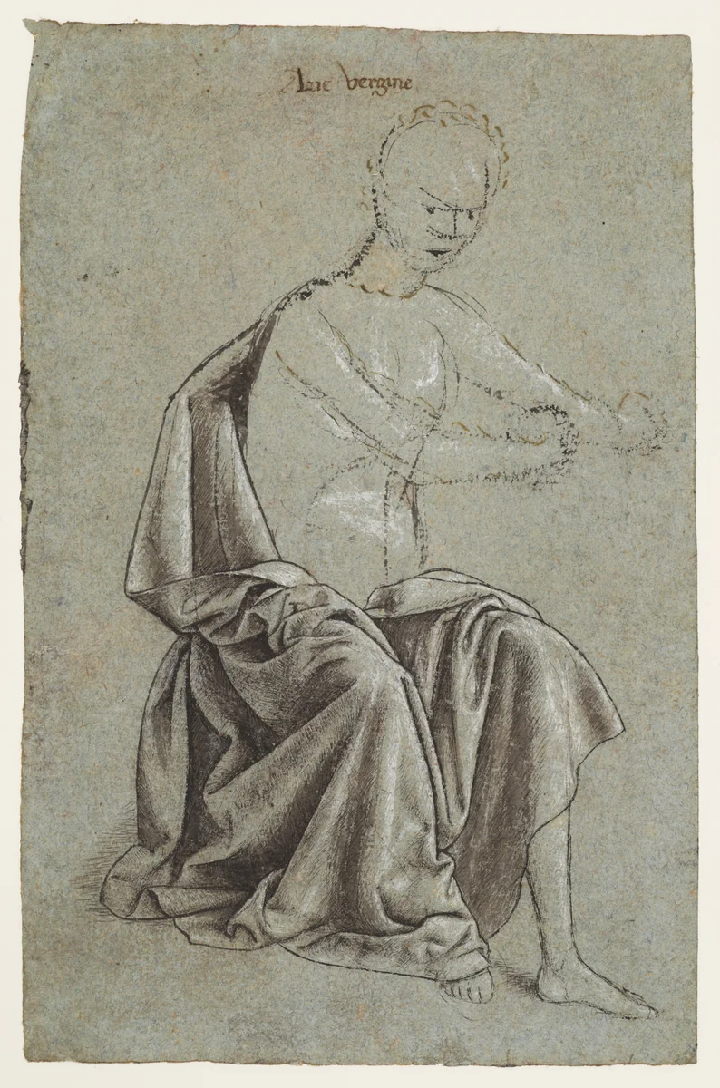 Study of a Seated Mannequin with an Arrangement of Drapery, for a Figure of the Virgin by anonymous, drawing, 1400-1499