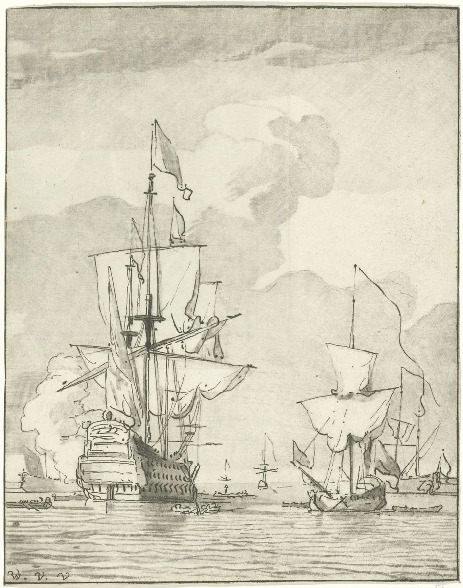 Oorlogsschip een schot lossend by Cornelis Ploos van Amstel, print, 1759