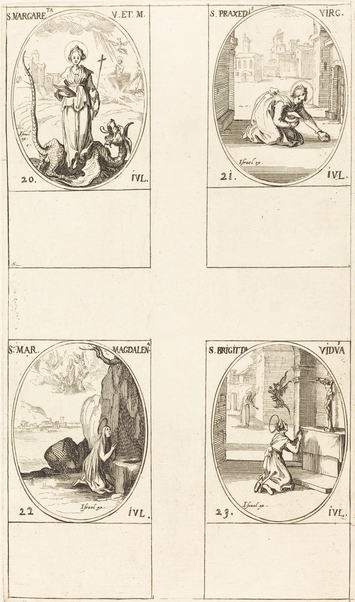 St. Margaret of Antioch; St. Praxedes; St. Mary Magdalene; St. Bridget of Sweden by Jacques Callot, print, 1627-1637