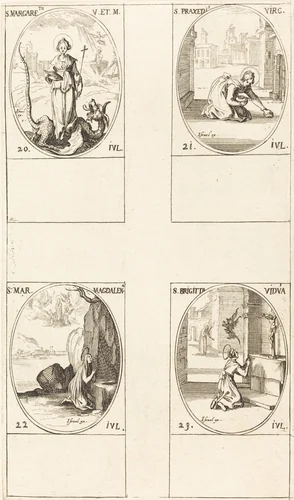 St. Margaret of Antioch; St. Praxedes; St. Mary Magdalene; St. Bridget of Sweden by Jacques Callot, print, 1627-1637