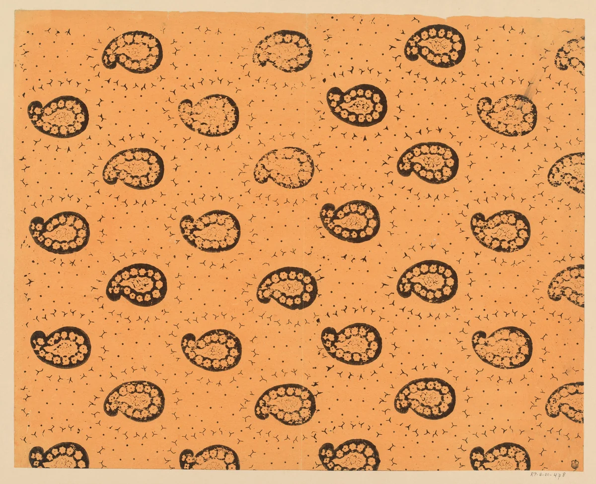 Blad met strooipatroon van paisleymotief omgeven door takjes by anonymous, print, 1800-1900