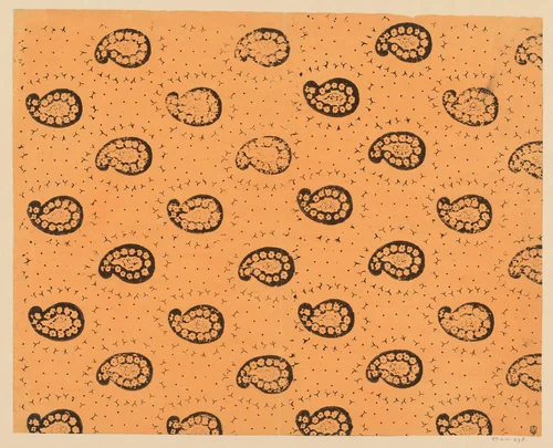 Blad met strooipatroon van paisleymotief omgeven door takjes by anonymous, print, 1800-1900