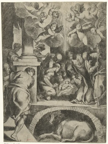 Aanbidding door de herders by Willem van Haecht, print, 1603-1637