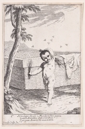 Plate 12: Bertoldino whipping himself to kill flies, from "Bertoldo, Bertoldino, and Cacasenno" by Giuseppe Maria Crespi, print, 1705-1715