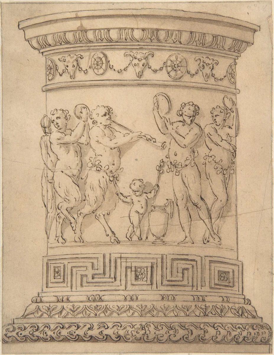 Pedestal with Relief Carving of a Bacchanal with Ornamental Borders by anonymous, drawing, 1700-1840