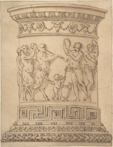 Pedestal with Relief Carving of a Bacchanal with Ornamental Borders by anonymous, drawing, 1700-1840