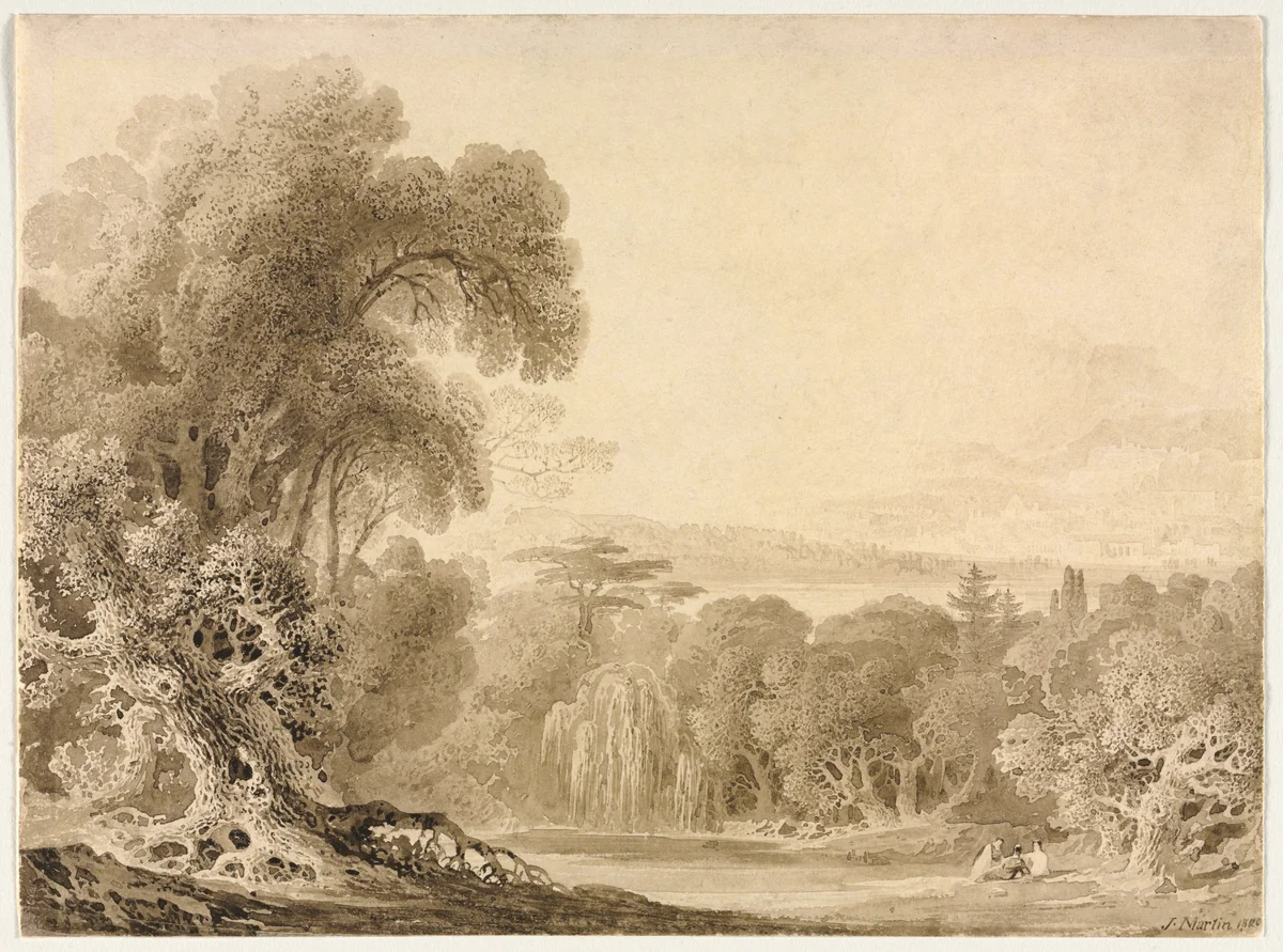 Figures Seated by a Lake in a Wooded Landscape by John Martin, drawing, 1820