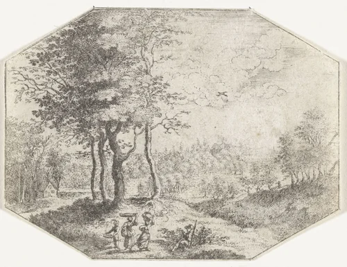 Boslandschap met twee vrouwen en een jongen met een mand by anonymous, print, 1605-1700