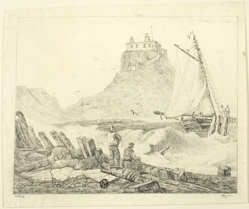 Harbor with Old Castle by Unknown Artist, drawing, 1800-1899