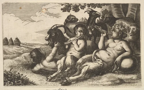 Two young satyrs and a boy (copy in reverse) by Wenceslaus Hollar, print, 1647