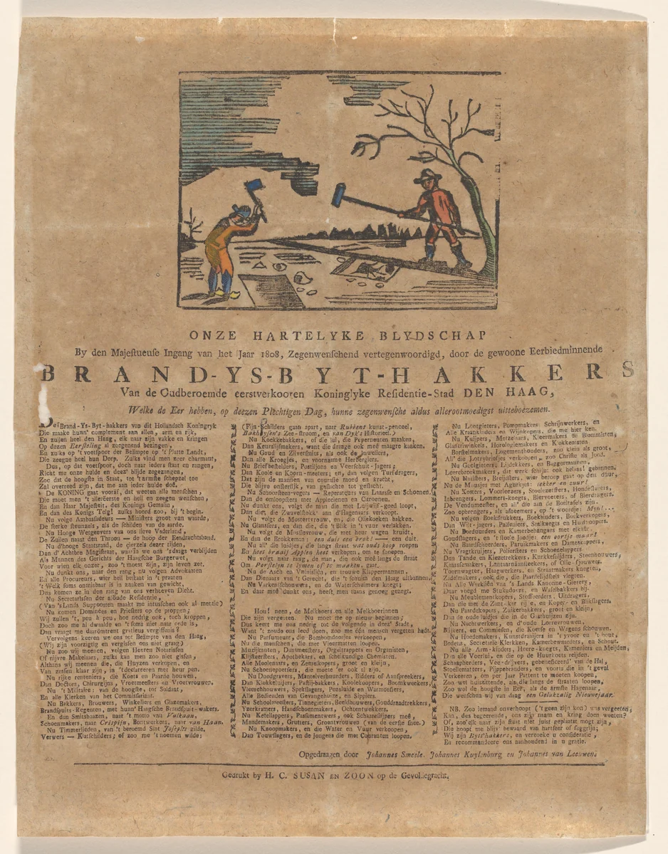 Nieuwjaarswens van de Haagse bijthakkers voor het jaar 1808 by anonymous, print, 1808
