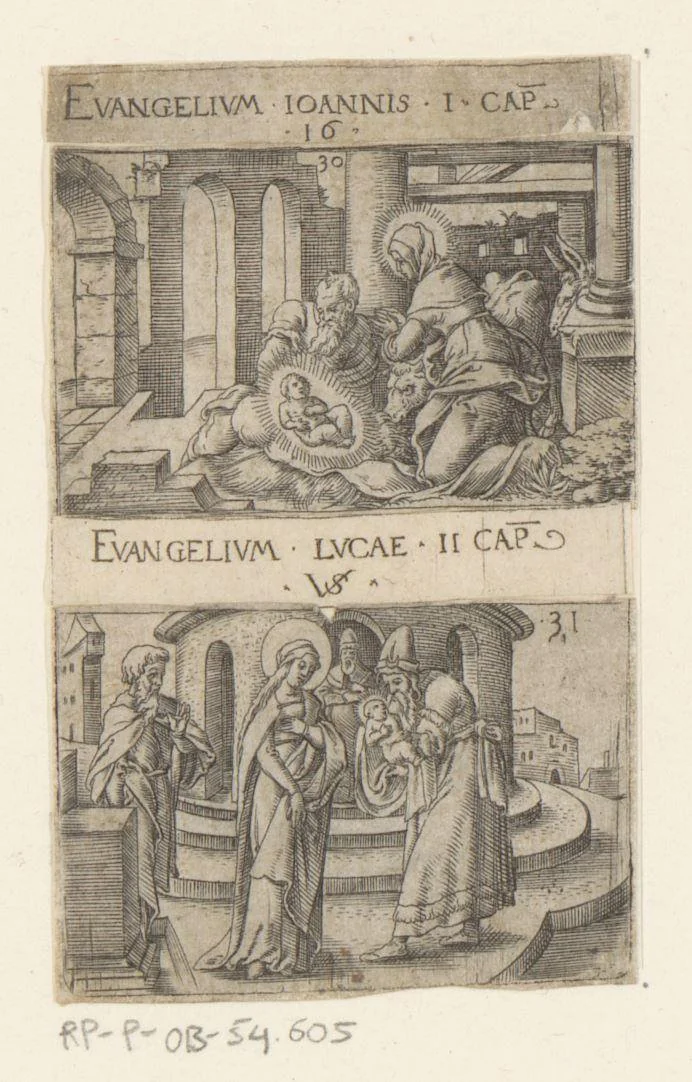 Geboorte van Christus en presentatie van Christus in de tempel by Unknown, print, 1524-1562