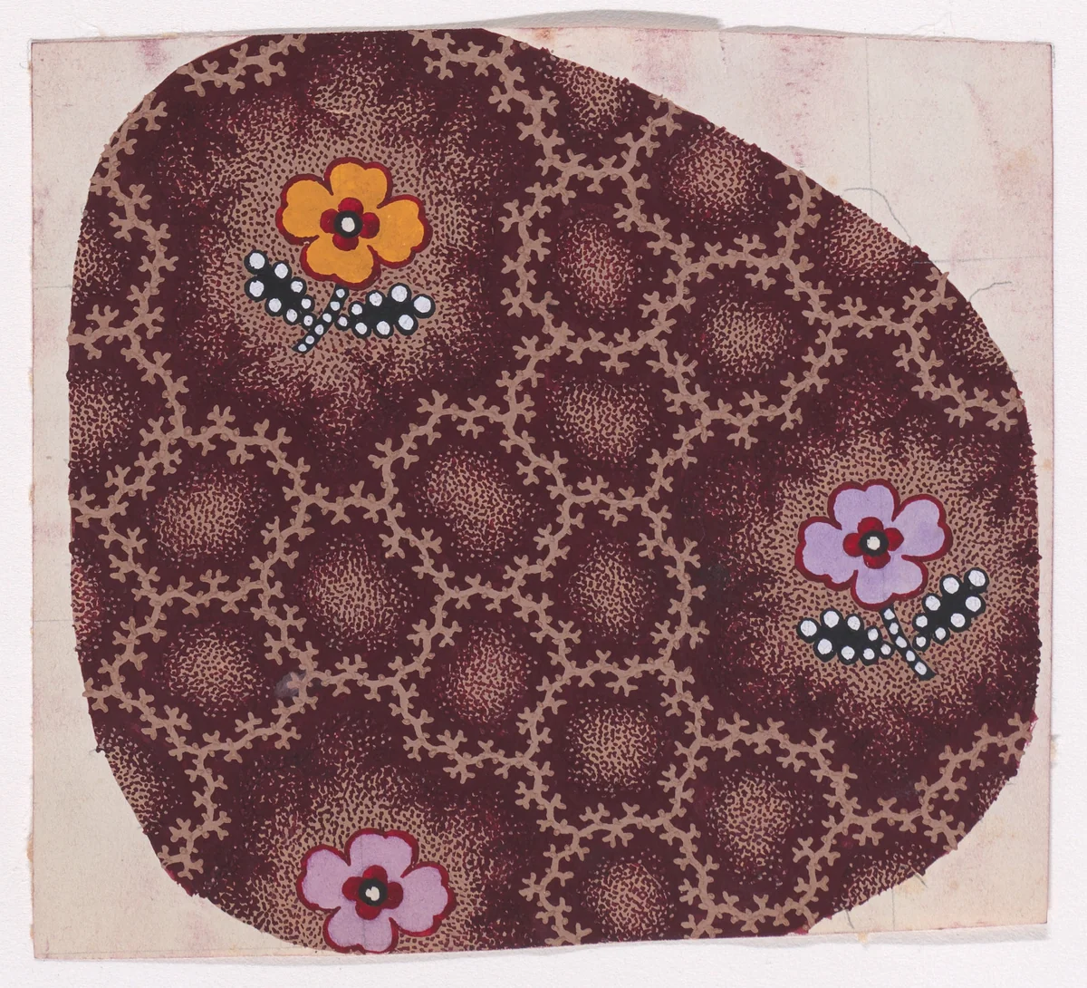 Textile Design with Alternating Rows of Stylized Flowers Decorated with Pearls Framed by an Interlacing Pattern of Garlands of Branches over a Stippled Background by anonymous, drawing, 1840