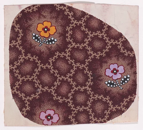 Textile Design with Alternating Rows of Stylized Flowers Decorated with Pearls Framed by an Interlacing Pattern of Garlands of Branches over a Stippled Background by anonymous, drawing, 1840