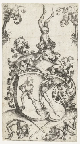 Wapenschild met acrobaten en zwaardvechters by Meester van het Amsterdamse Kabinet, print, 1488-1492