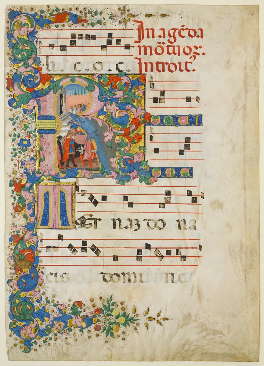 Manuscript Leaf with a Funeral Procession in an Initial R, from a Gradual by Mariano del Buono, manuscript, 1450-1499