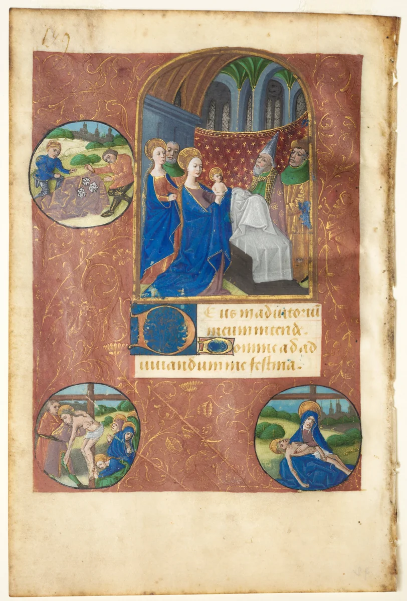 Leaf from a Book of Hours: Presentation in the Temple with Roundels of the Casting of Lots, the Deposition, and Pietà (None, Office of the Virgin) by Master of Adélaïde de Savoie, manuscript, 1455-1475