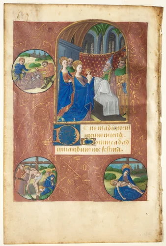 Leaf from a Book of Hours: Presentation in the Temple with Roundels of the Casting of Lots, the Deposition, and Pietà (None, Office of the Virgin) by Master of Adélaïde de Savoie, manuscript, 1455-1475