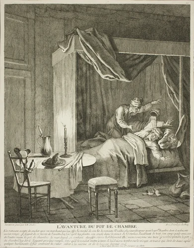 The Adventure of the Chamber Pot, plate four from Scènes du Roman Comique by Jean-Baptiste Oudry, print, 1706-1755