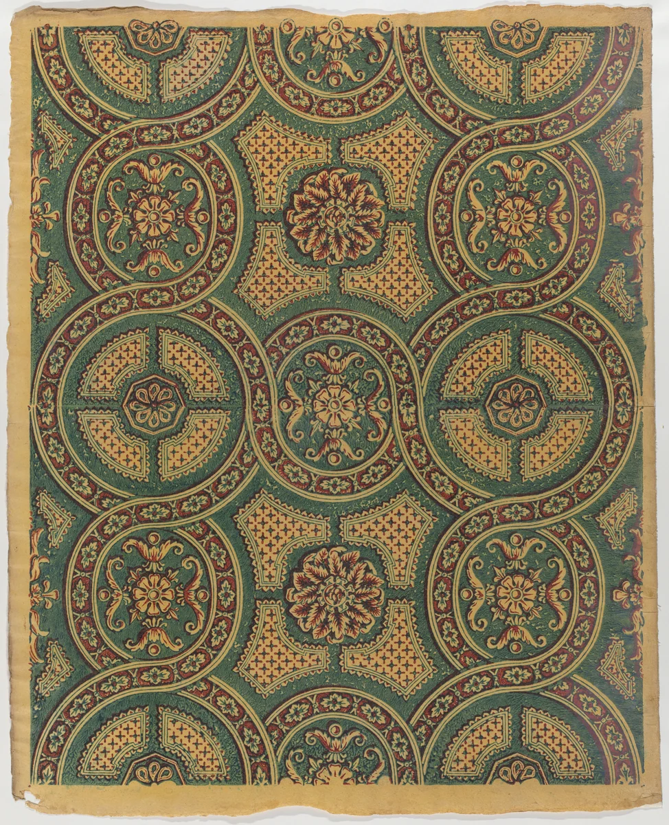 Sheet with a running circles pattern with rosettes by anonymous, print, 1800-1900