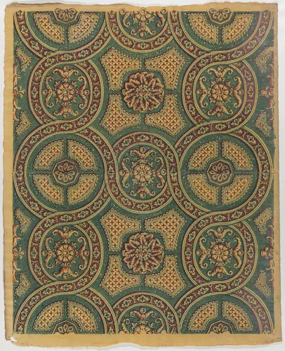 Sheet with a running circles pattern with rosettes by anonymous, print, 1800-1900