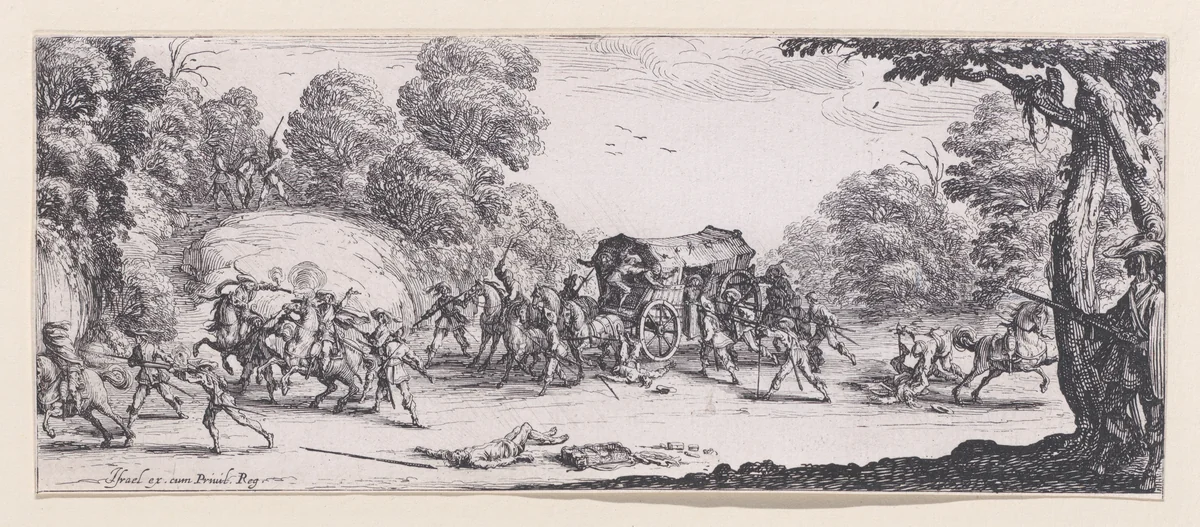 L'Attaque de la Diligence (The Attack of the Stagecoach), plate 8 from "Les Misères et les Mal-Heures de la Guerre" (The Miseries and Misfortunes of War) by Jacques Callot, print, 1633