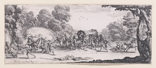 L'Attaque de la Diligence (The Attack of the Stagecoach), plate 8 from "Les Misères et les Mal-Heures de la Guerre" (The Miseries and Misfortunes of War) by Jacques Callot, print, 1633