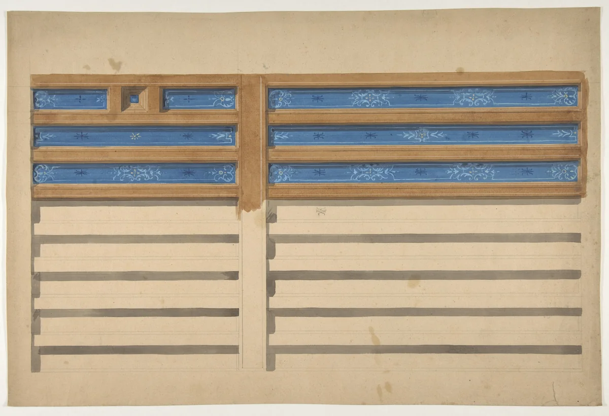 Design for a beamed ceiling with painted panels by Jules-Edmond-Charles Lachaise, drawing, 1830-1897