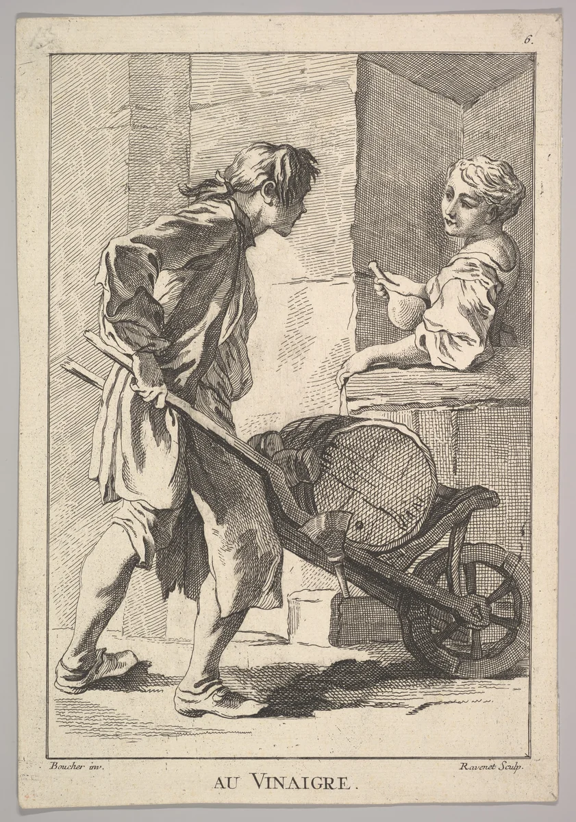 Reverse copy of Au Vinaigre (Vinegar), plate 6 from "Le Cris de Paris" (The Cries of Paris) by Simon Ravenet, print, 1721-1774