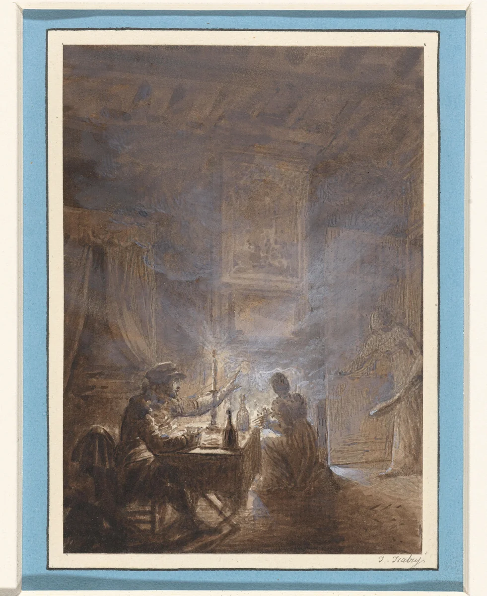 De rokende haard by Jean Baptiste Isabey, drawing, 1777-1855