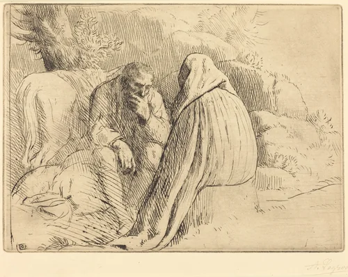Bohemien Encampment (Campement de bohemiens) by Alphonse Legros, print, 1837-1911