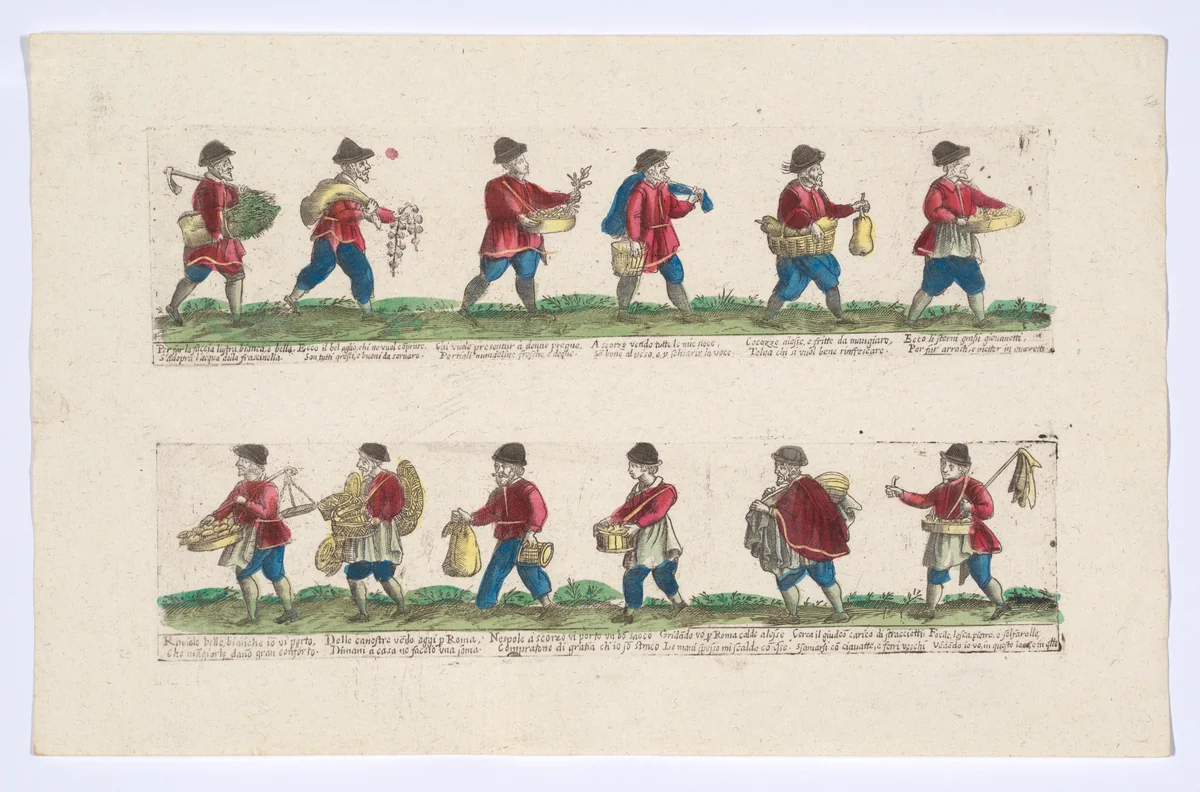 Unnumbered plate depicting the trades of Rome, here including vendors of garlic, ravioli, canisters etc, from the 'Descrición de las artes que se llaman para los calles de la ciudad de Roma' by Remondini, print, 1765-1805