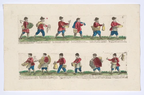 Unnumbered plate depicting the trades of Rome, here including vendors of garlic, ravioli, canisters etc, from the 'Descrición de las artes que se llaman para los calles de la ciudad de Roma' by Remondini, print, 1765-1805