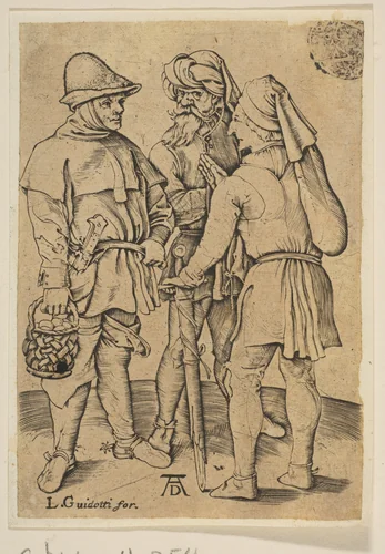 Three Peasants in Conversation (reverse copy) by Albrecht Dürer, print, 1485-1761