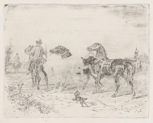 Ruiters met paarden by Cornelis Albertus Johannes Schermer, print, 1839-1915