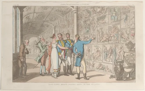 Don Luigi Meets Donna Anna in the Museum by Thomas Rowlandson, print, 1815