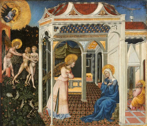 The Annunciation and Expulsion from Paradise by Giovanni di Paolo, painting, 1435