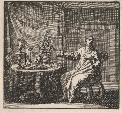 Vrouw wijst op de vanitassymbolen op de tafel voor haar by Jan Luyken, print, 1710