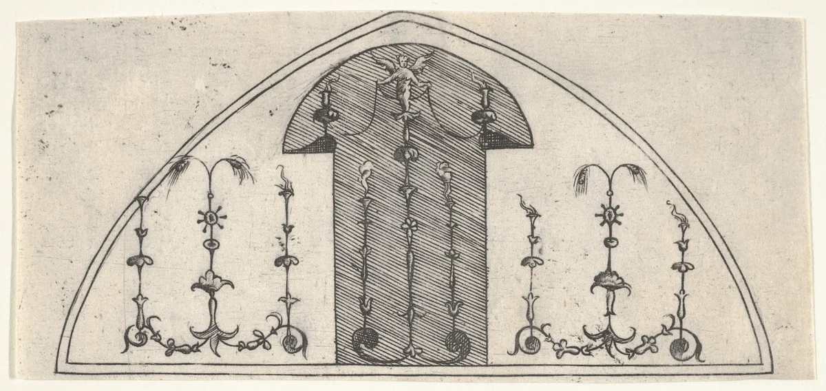 Lancet-shaped panel of grotesque decoration by Enea Vico, print, 1541