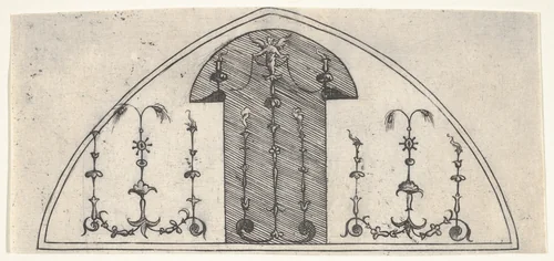 Lancet-shaped panel of grotesque decoration by Enea Vico, print, 1541