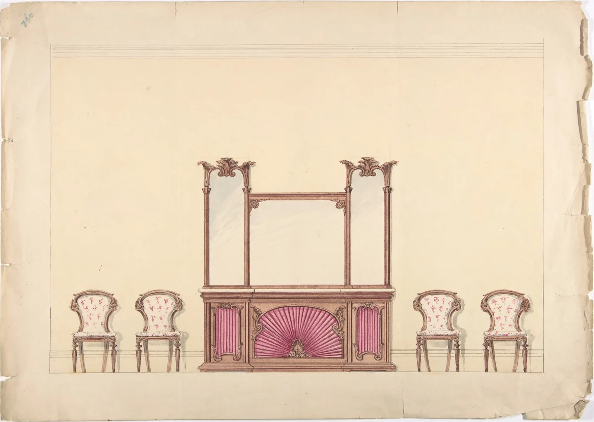 Design for a Mirrored Cabinet and Four Chairs by anonymous, drawing, 1800-1850
