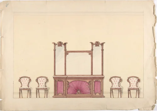 Design for a Mirrored Cabinet and Four Chairs by anonymous, drawing, 1800-1850