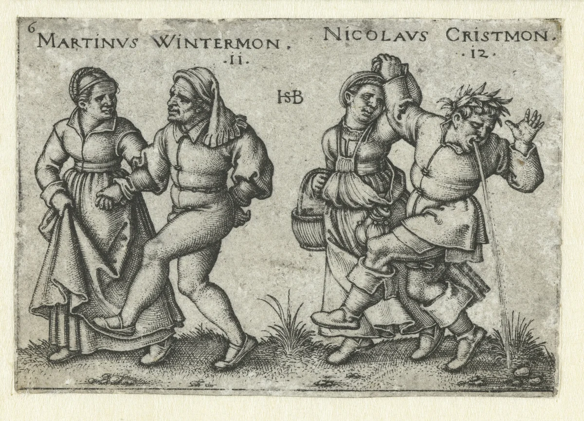 Dansende boerenparen, man geeft over by Unknown, print, 1546-1547
