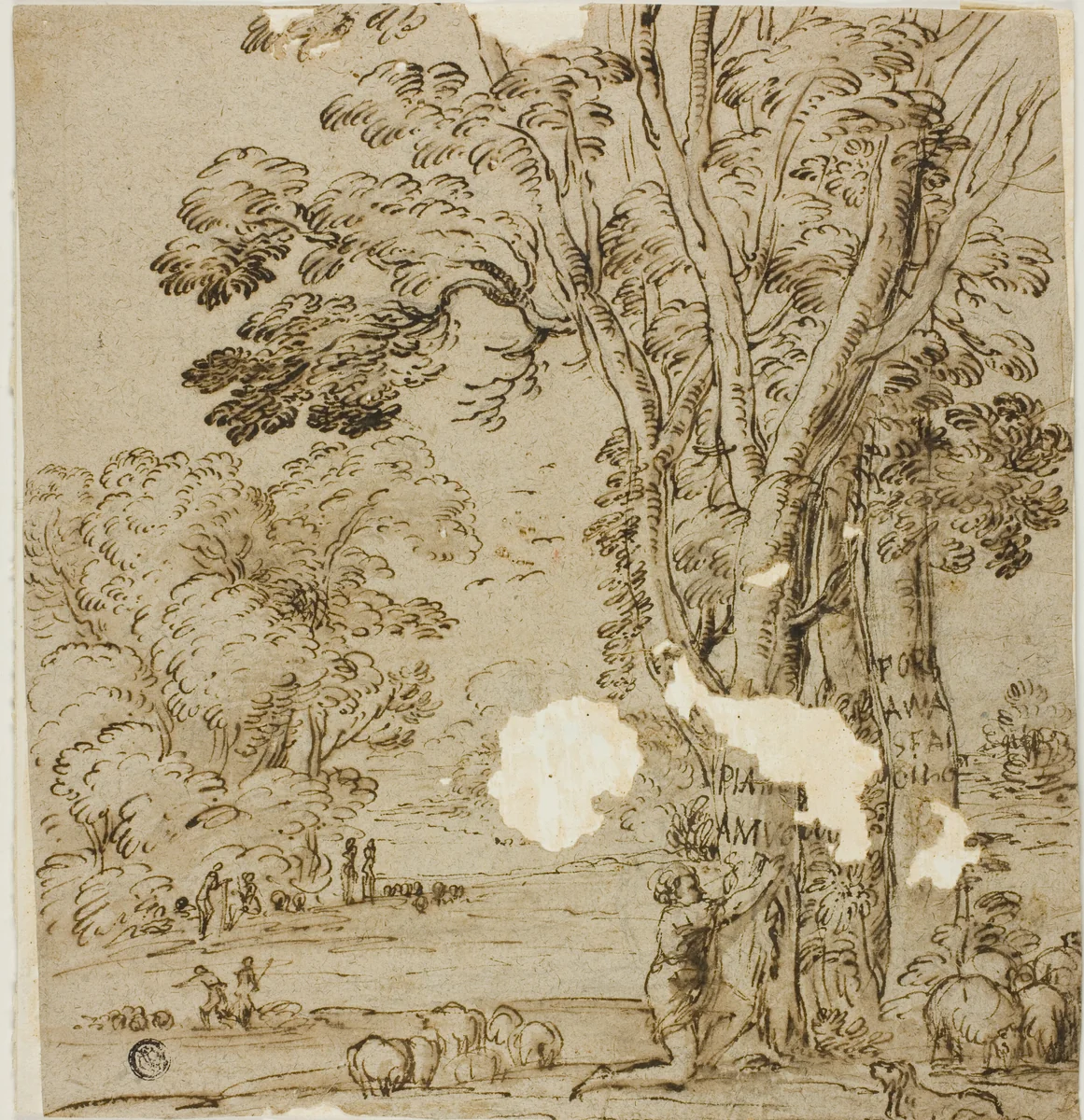 Shepherd Carving an Inscription on Tree Trunk with Figures and Sheep in Background by Agostino Tassi
Andrea Meldolla Schiavone
Pier Francesco Mola
Titian, drawing, 1500-1650