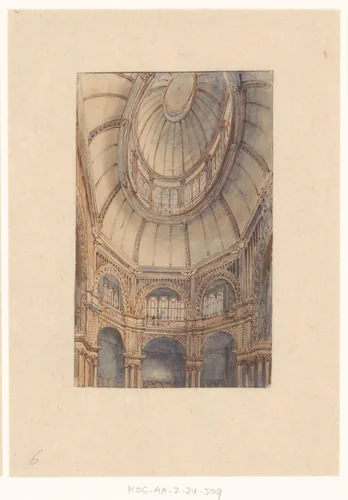 Interieur van het Paleis voor Volksvlijt, gezien naar de koepel by Willem Hekking jr., drawing, 1864-1904